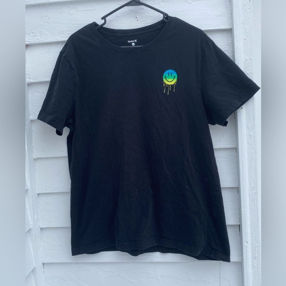 Hurley Black Cotton Short Sleeve T-Shirt with Melting Blue and Green Smiley 🫠